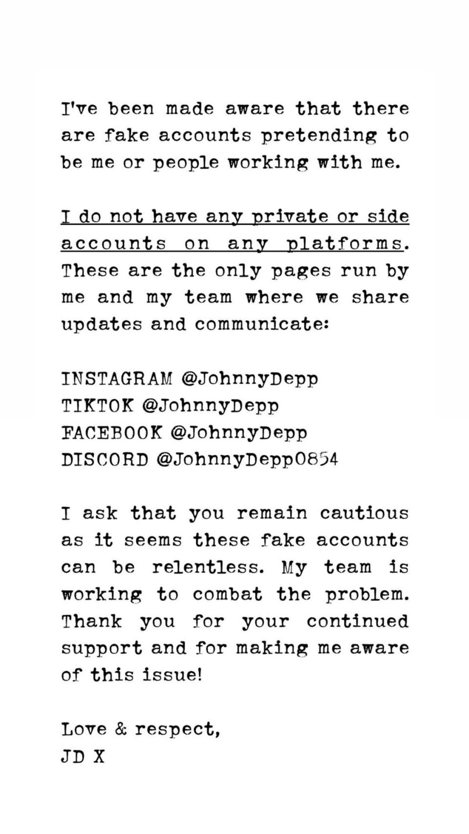 Johnny Depp instagram statement