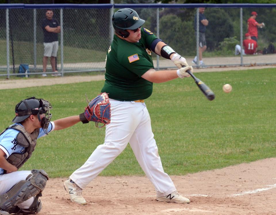 Sam Sircely makes contact with a pitch during a Sunset Showdown game in Petoskey.