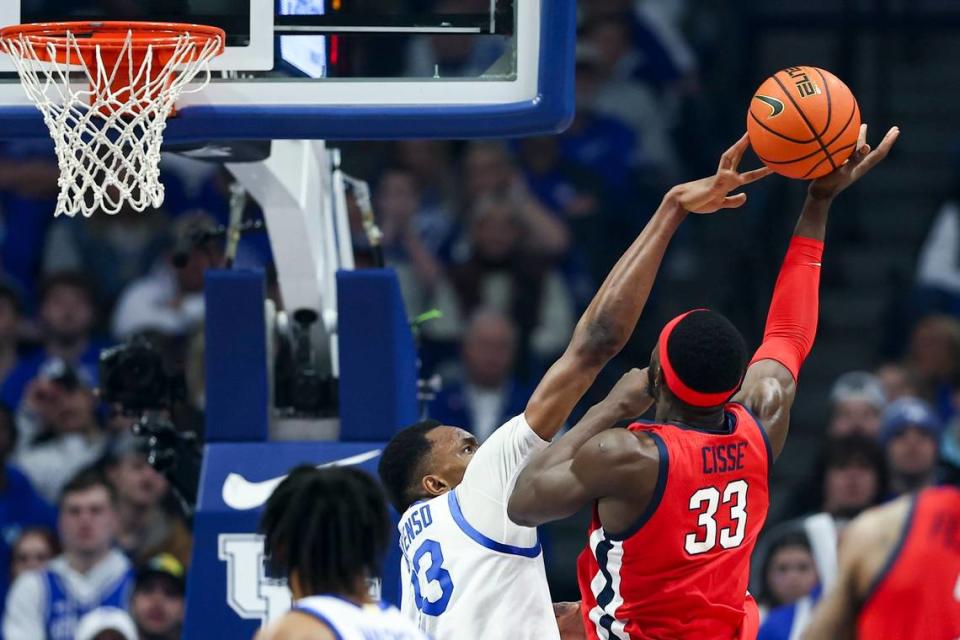 Kentucky forward Ugonna Onyenso (33) blocks a shot by Mississippi forward Moussa Cisse (33) during Tuesday’s game at Rupp Arena. Silas Walker/swalker@herald-leader.com