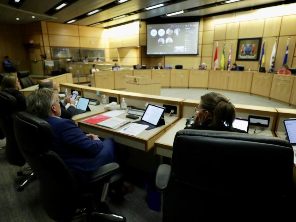 A file photo shows members of City of Regina administration watching a council meeting. An  argument over whether administration was obligated to include a motion about ending homelessness in the city's preliminary budget has sparked a lawsuit filed by Coun. Dan LeBlanc. (Kirk Fraser/CBC - image credit)