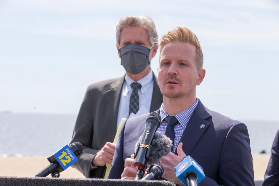 Shawn LaTourette, acting commissioner of the New Jersey Department of Environmental Protection, speaks as U.S. Rep. Frank Pallone Jr. holds a press conference to announce bipartisan legislation to permanently ban offshore drilling off the Atlantic Coast on the boardwalk in Asbury Park, NJ Friday, May 7, 2021.