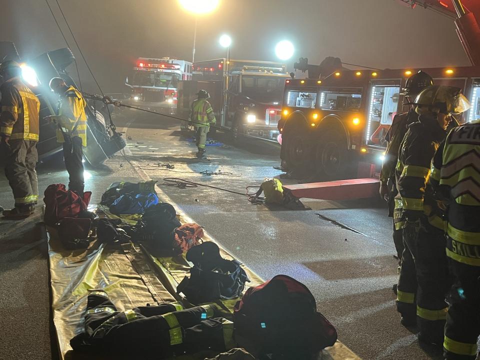 (Courtesy: Avoca Fire Department) Multiple fire departments worked together to rescue the tractor-trailer driver and clear the scene of the crash.