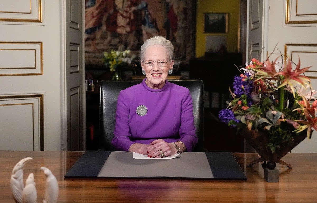 Queen Margrethe II of Denmark gives a New Year's speech from Christian IX's Palace in Copenhagen, announcing her upcoming abdication (Ritzau Scanpix/AFP via Getty Images)