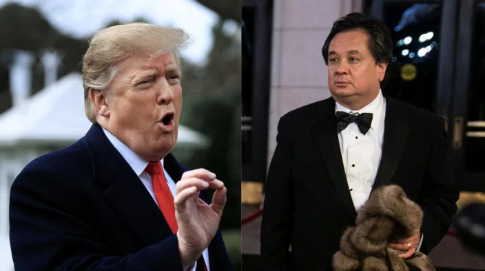 Left: Donald Trump in a suit with a red tie; right: George Conway in a suit with a black bowtie.