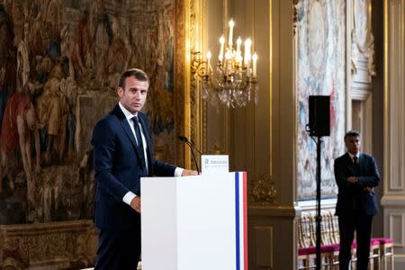 French President Emmanuel Macron delivers a speech on the transformation of the French healthcare system at the Elysee Palace in Paris, France, September 18, 2018. Etienne Laurent/Pool via REUTERS