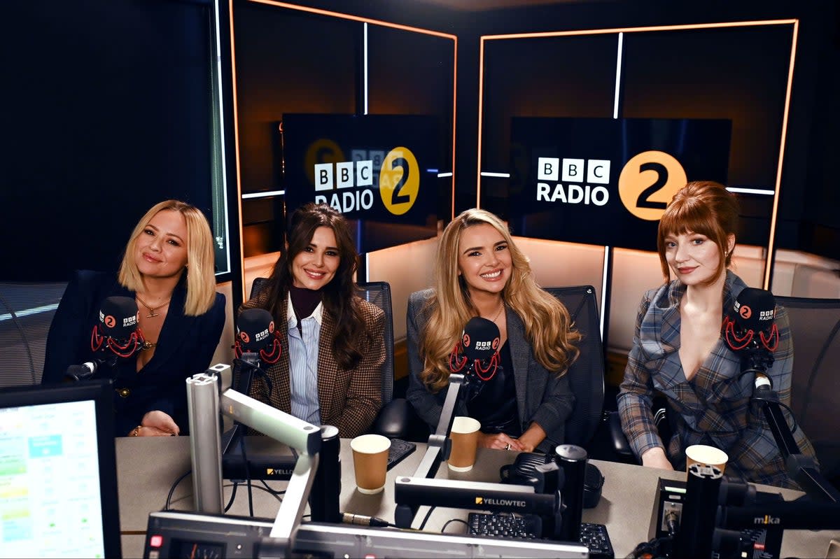 Kimberley Walsh, Cheryl, Nadine Coyle, and Nicola Roberts of Girls Aloud joined Zoe Ball on the Radio 2 Breakfast Show (PA)