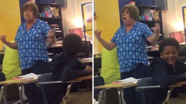 The teacher can be seen hitting the student a number of times and mocking him afterwards. Photo: Twitter