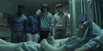 This image released by Netflix shows, from left, Caleb McLaughlin as Lucas Sinclair, Millie Bobby Brown as Eleven, Finn Wolfhard as Mike Wheeler, Noah Schnapp as Will Byers, and Sadie Sink as Max Mayfield, foreground, in a scene from "Stranger Things." (Netflix via AP)