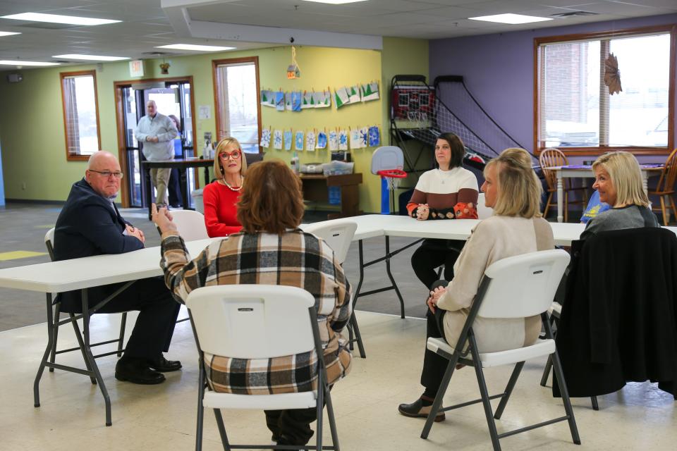 Indiana Lt. Gov. Suzanne Crouch and Tippecanoe County Commissioner Tracy Brown listen to Shine On University's staff and family members during a visit to Lafayette, on Saturday, Jan. 28, 2023.