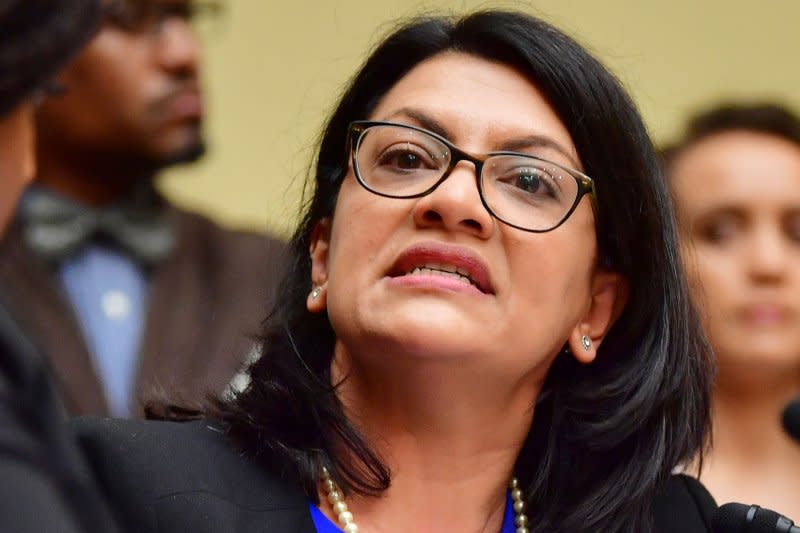 A censure resolution against Rep. Rashida Tlaib, D-Mich., was blocked in the U.S. House of Representatives on Wednesday after 23 Republicans joined Democrats in the 222 to 186 vote. The censure resolution was introduced following Tlaib's harsh criticism of Israel in the wake of last month's deadly Hamas attacks. File photo by Kevin Dietsch/UPI