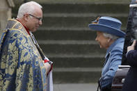 Britain's Queen Elizabeth II is greeted by The Very Reverend Dr David Hoyle, Dean of Westminster, as she arrives to attend the annual Commonwealth Service at Westminster Abbey in London on March 09, 2020. - Britain's Queen Elizabeth II has been the Head of the Commonwealth throughout her reign. Organised by the Royal Commonwealth Society, the Service is the largest annual inter-faith gathering in the United Kingdom. (Photo by Tolga AKMEN / AFP) (Photo by TOLGA AKMEN/AFP via Getty Images)