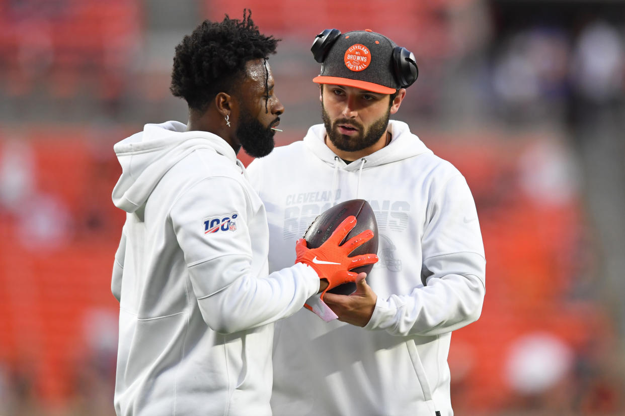 CLEVELAND, OH - SEPTEMBER 22, 2019: Quarterback Baker Mayfield #6 of the Cleveland Browns talks with wide receiver Jarvis Landry #80 prior to a game against the Los Angeles Rams on September 22, 2019 at FirstEnergy Stadium in Cleveland, Ohio. Los Angeles won 20-13. (Photo by: 2019 Nick Cammett/Diamond Images via Getty Images)