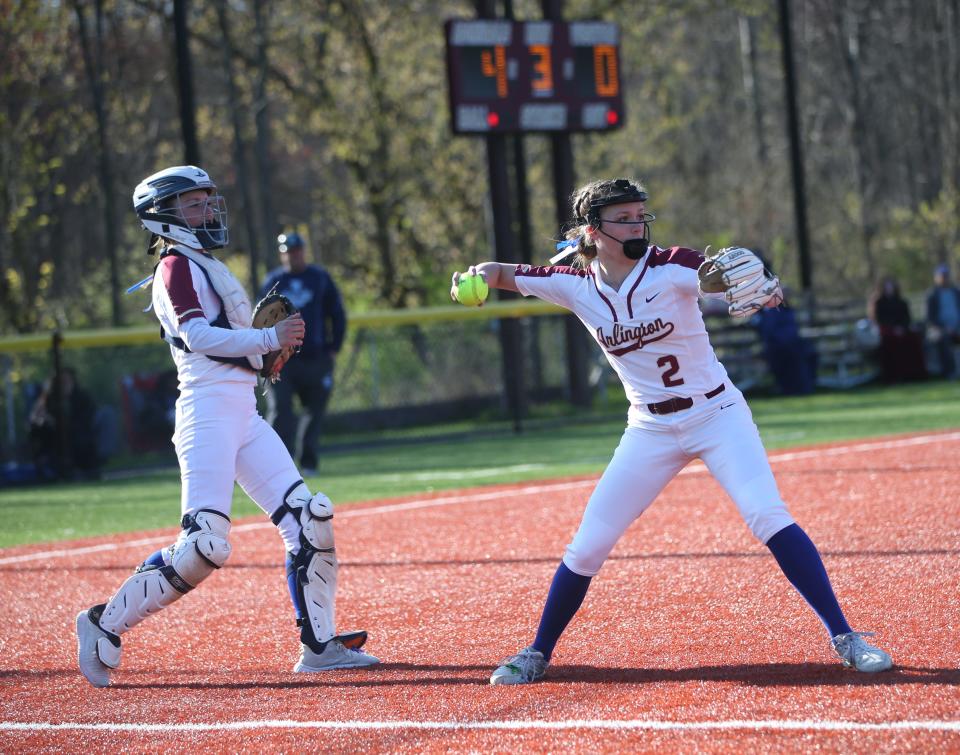 Arlington's Alyssa Liguori fields a bunt against John Jay-East Fishkill during an April 28, 2022 softball game.