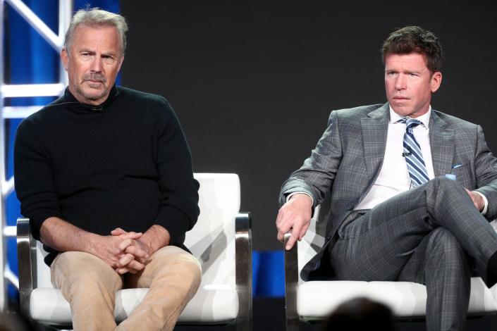 Kevin Costner and Taylor Sheridan of 'Yellowstone' speak onstage during the Paramount Network portion of the 2018 Winter Television Critics Association Press Tour at The Langham Huntington, Pasadena on January 15, 2018 in Pasadena, California.