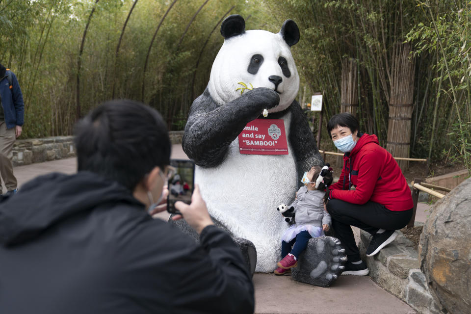 Visitors take pictures with a giant panda statue during the celebration of the Smithsonian's National Zoo and Conservation Biology Institute, 50 years of achievement in the care, conservation, breeding and study of giant pandas at the Smithsonian's National Zoo in Washington, Saturday, April 16, 2022. (AP Photo/Jose Luis Magana)