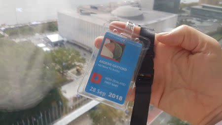 The U.N. id pass of New Zealand Prime Minister Jacinda Ardern's and Clarke Gayford's baby Neve Te Aroha is seen in New York, U.S. September 24, 2018 in this picture obtained from social media on September 26, 2018. Twitter/Clarke Gayford/via REUTERS