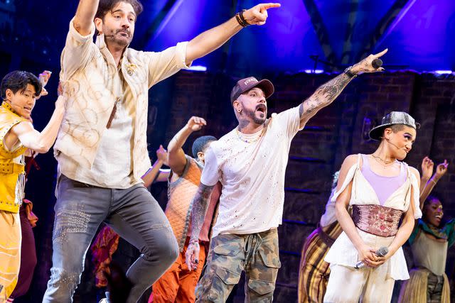 <p>Rebecca J Michelson</p> AJ McLean performing with the '& Juliet' cast on May 16 in New York City