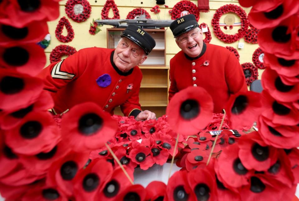 Chelsea Pensioners John Hellewell, right, and Barrie Davey take a look around the workshop during a visit to the Lady Haig’s Poppy Factory in Edinburgh (Jane Barlow/PA) (PA Archive)