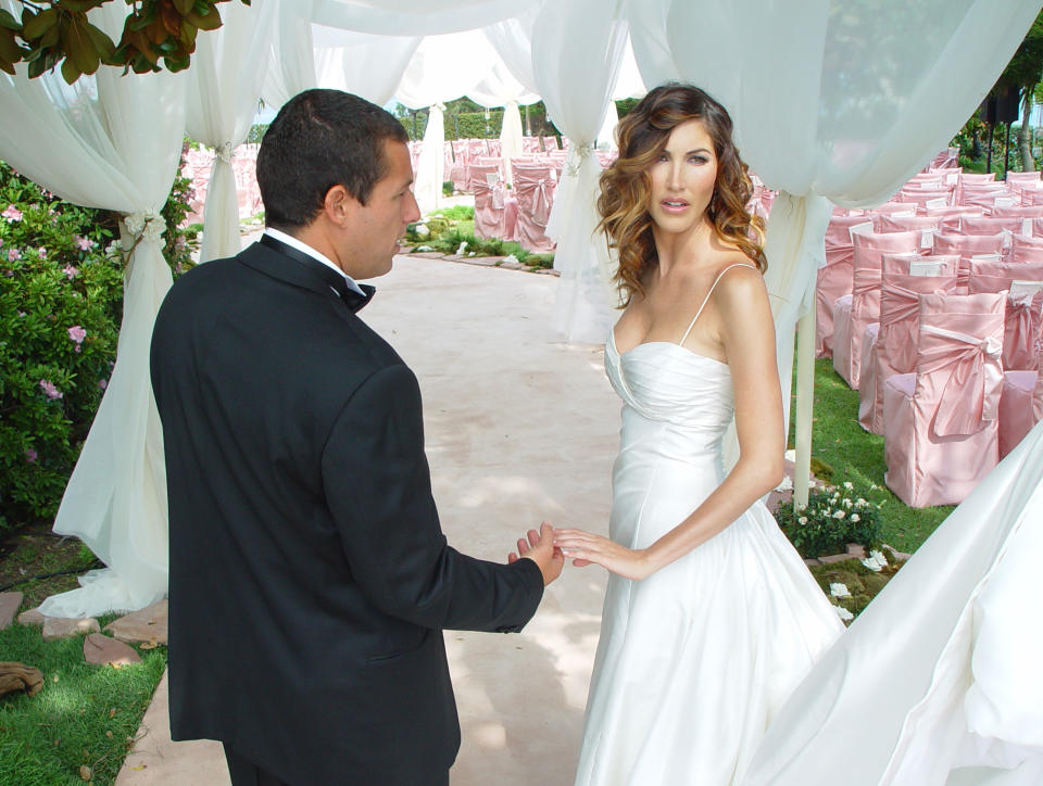 MALIBU, CA - JUNE 22:  In this handout photo, Adam Sandler poses with his bride model-actress Jackie Titone at their wedding June 22, 2003 in Malibu, California.  (Photo by Nick Gossen Courtesy of AdamSandler.com/Getty Images) 