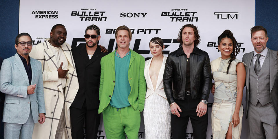 (L-R) Japanese actor Hiroyuki Sanada, US actor Brian Tyree Henry, Puerto Rican rapper-actor Bad Bunny, US actor Brad Pitt, US actress Joey King, English actor Aaron Taylor-Johnson, US-German actress Zazie Beetz and US director David Leitch attend the Los Angeles premiere of "Bullet Train" at the Regency Village theatre in Westwood, California, August 1, 2022.
