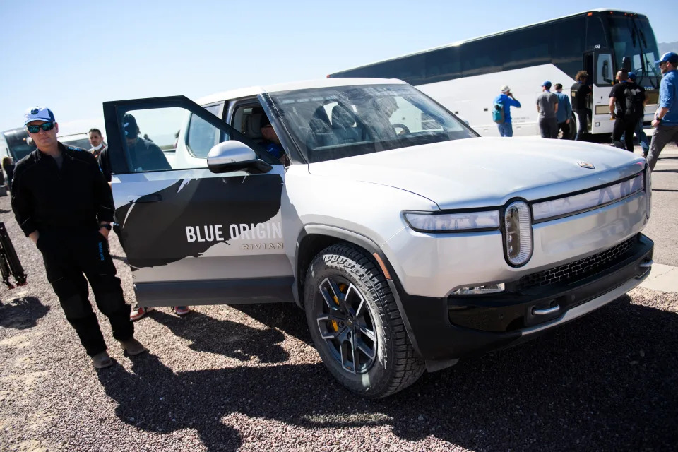 This October 13, 2021 photo shows a Rivian electric truck at the Blue Origin Launch Site One in the West Texas region, 25 miles (40kms) north of Van Horn. (Photo by Patrick T. FALLON / AFP) (Photo by PATRICK T. FALLON/AFP via Getty Images)