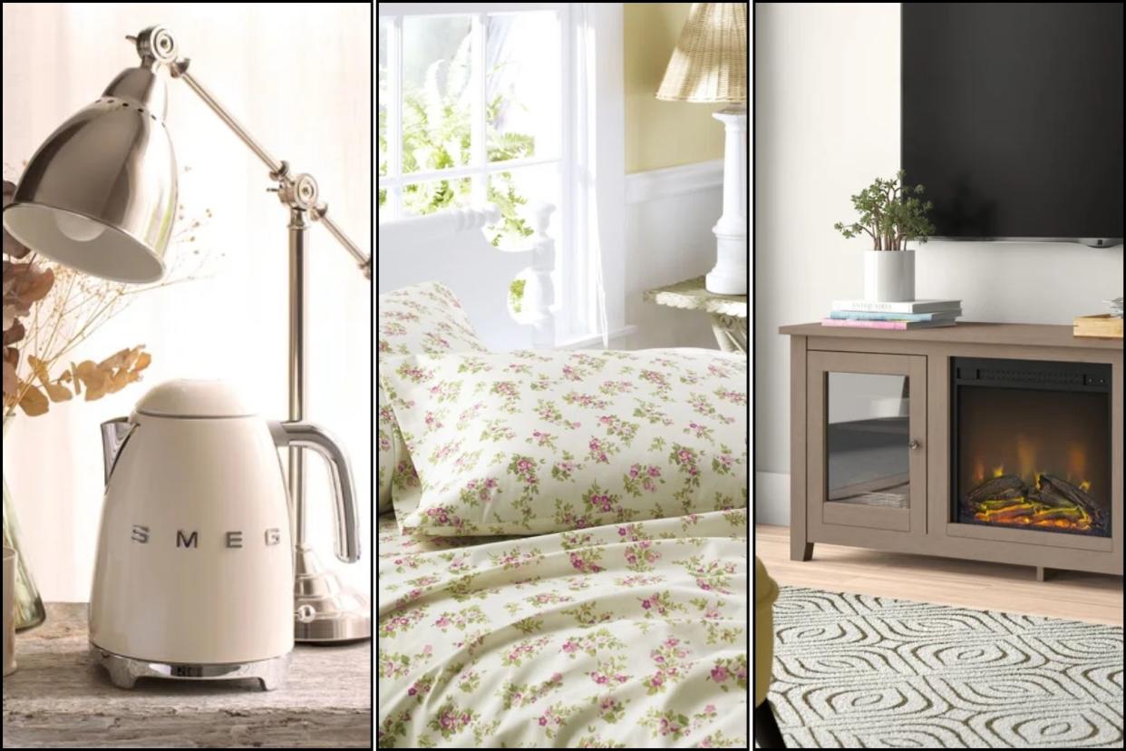 way day, wayfair smeg kettle, laura ashley bedding, and a fireplace media console