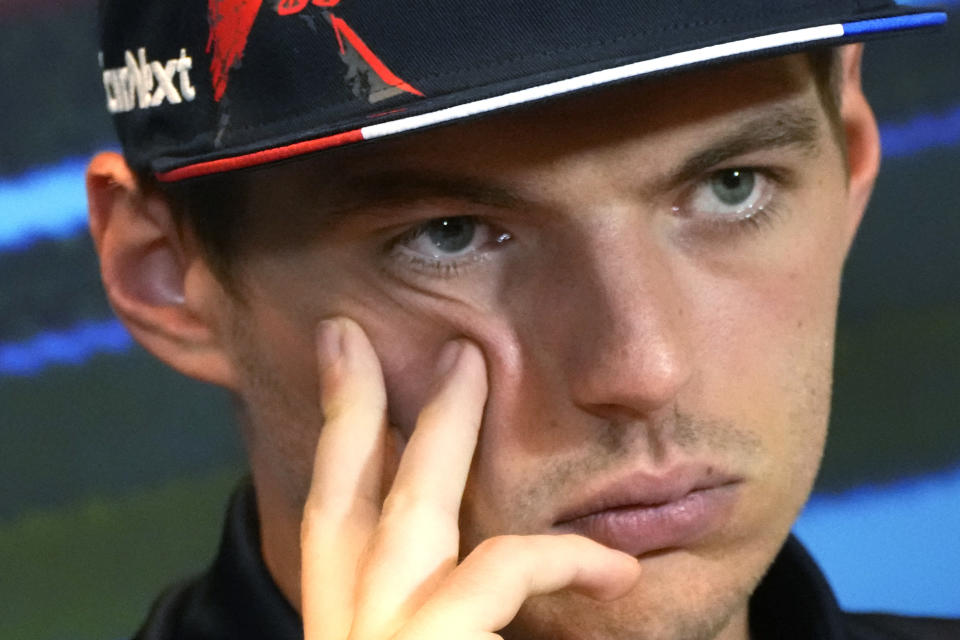 Red Bull driver Max Verstappen of the Netherlands attends a news conference at the Baku circuit, in Baku, Azerbaijan, Friday, June 10, 2022. The Formula One Grand Prix will be held on Sunday. (AP Photo/Sergei Grits)