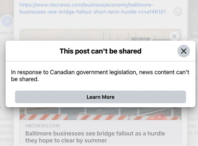 Warning that news stories cannot be shared on Facebook by users in Canada