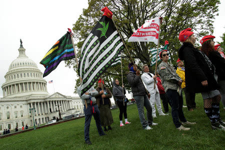 Protesters gather to smoke marijuana on steps of the U.S. Capitol to tell Congress to "De-schedule Cannabis Now", in Washington, U.S. April 24, 2017. REUTERS/Yuri Gripas
