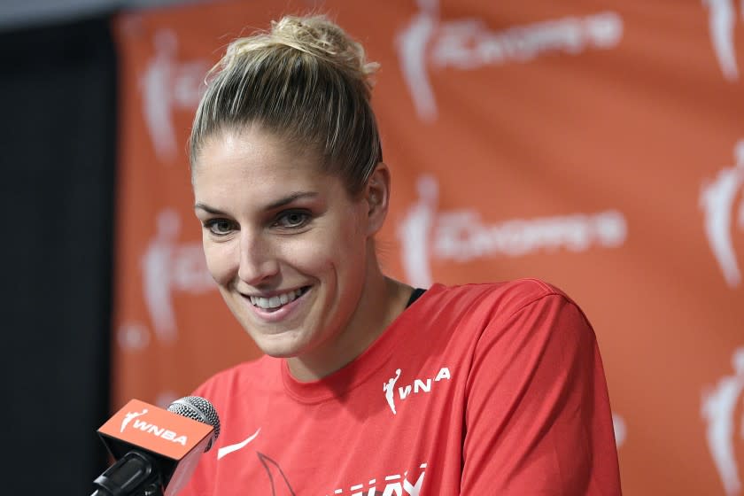 FILE - In this Sept. 19, 2019, file photo, Washington Mystics forward Elena Delle Donne speaks at a press conference where she was named the 2019 WNBA most valuable player in Washington. The WNBA champion Mystics say reigning MVP Elena Delle Donne is expected to be ready for the start of the season after undergoing back surgery. (AP Photo/Nick Wass, File)