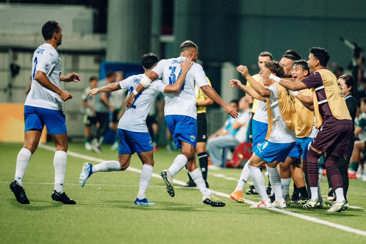 Lion City Sailors players celebrate scoring their second goal against South Korean side Jeonbuk Hyundai Motors in their AFC Champions League tie at Jalan Besar Stadium. (PHOTO: Lion City Sailors)