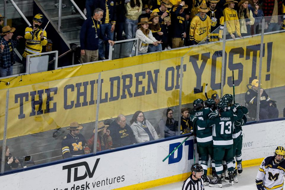 Michigan State right wing Tanner Kelly celebrates a goal against Michigan during the second period at Yost Ice Arena in Ann Arbor on Friday, Feb. 9, 2024.