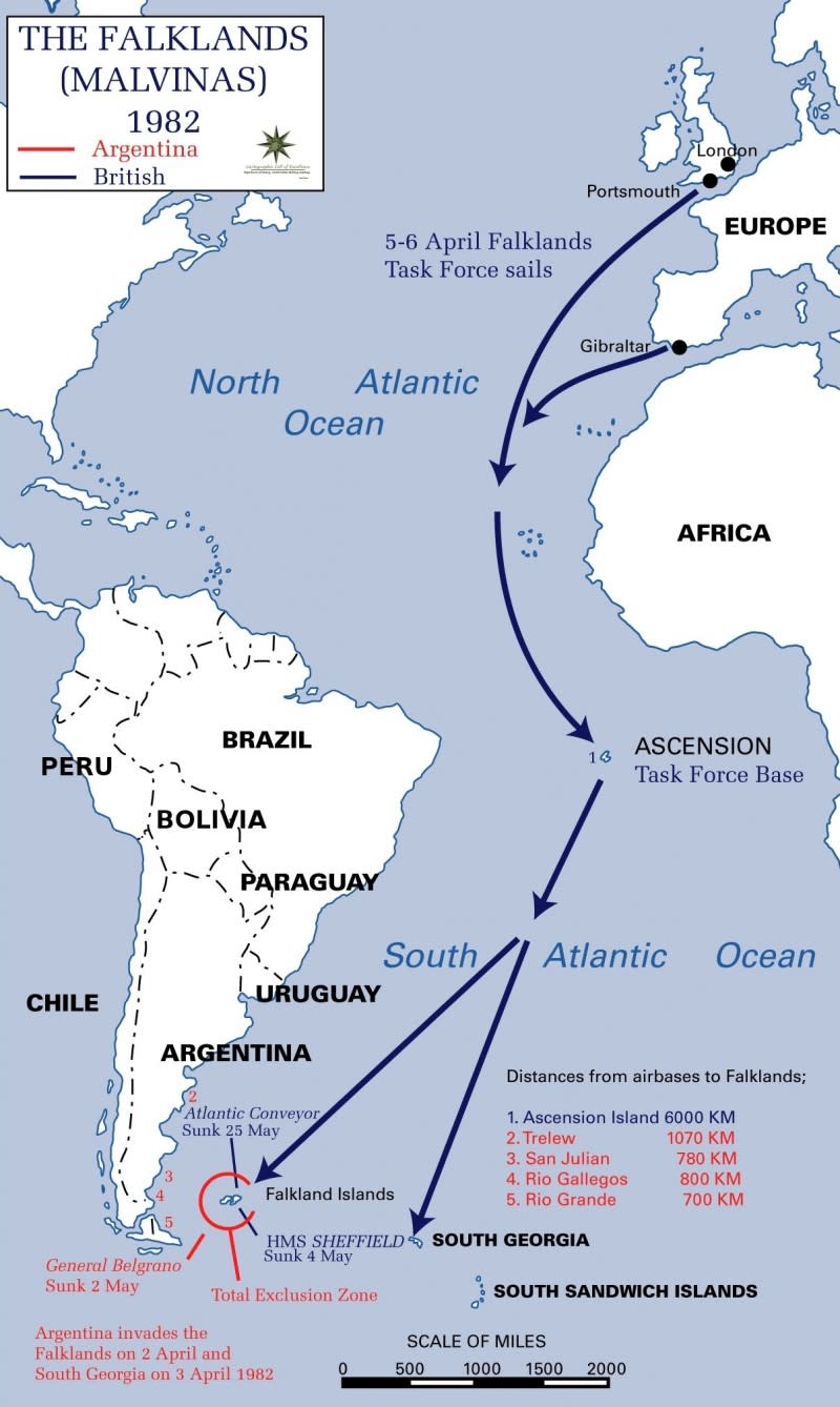 1982年，福克蘭戰爭，英國遠征艦隊航行路線（Wikipedia / Public Domain）