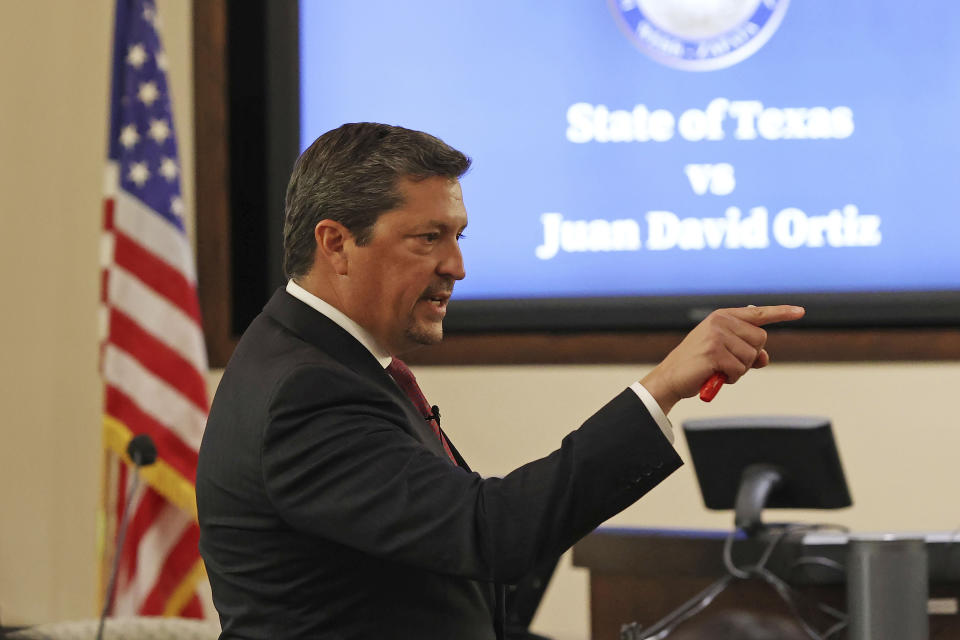 Webb County District Attorney Isidro R. "Chilo" Alaniz presents the closing argument in the capital murder trial of former U.S. Border Patrol supervisor Juan David Ortiz, at the Cadena-Reeves Justice Center in San Antonio, Texas, Wednesday, Dec. 7, 2022. (Jerry Lara/The San Antonio Express-News via AP)