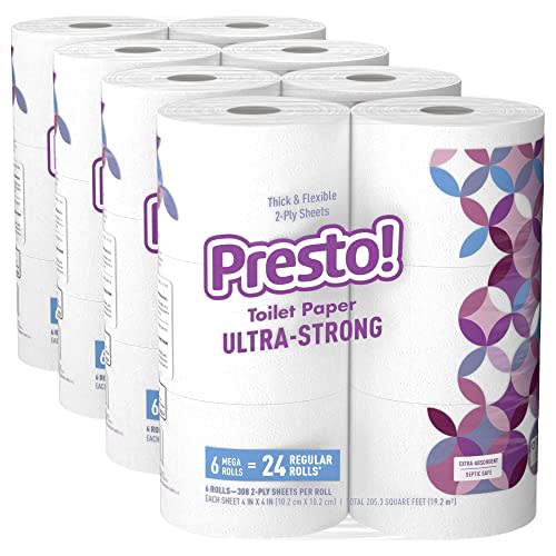 Amazon Brand - Presto! 308-Sheet Mega Roll Toilet Paper, Ultra-Strong, 6 count (pack of 4), 24…