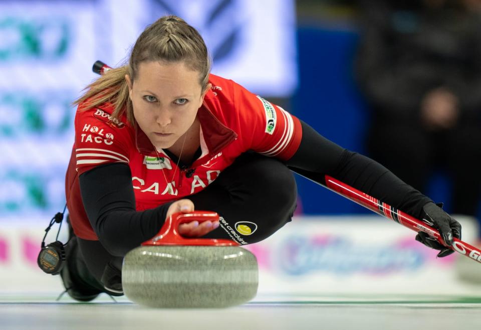 Canada skip Rachel Homan delivers a stone during the gold-medal game against Switzerland at the women's curling world championship in Sydney, N.S., on Sunday. (Frank Gunn/The Canadian Press - image credit)