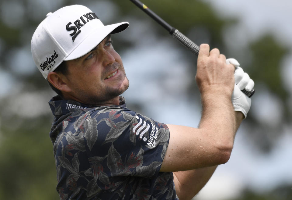Keegan Bradley watches his drive off the 1st tee during the third round of the Travelers Championship golf tournament, Saturday, June 22, 2019, in Cromwell, Conn. (AP Photo/Jessica Hill)