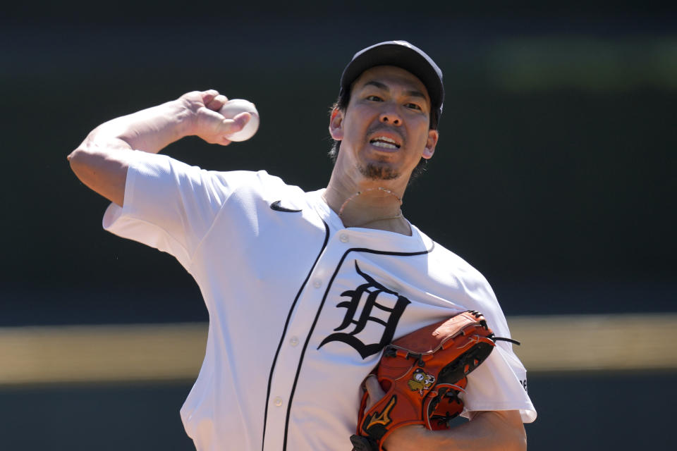 Detroit Tigers pitcher Kenta Maeda throws a warmup pitch against the Texas Rangers in the first inning of a baseball game, Thursday, April 18, 2024, in Detroit. (AP Photo/Paul Sancya)