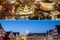 <p>Le marché de Noël de Francfort (Allemagne), avant la pandémie puis en novembre 2020.</p>