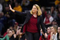 Maryland head coach Brenda Frese directs her team during the first half of an NCAA college basketball game against Iowa, Thursday, Feb. 2, 2023, in Iowa City, Iowa. (AP Photo/Charlie Neibergall)