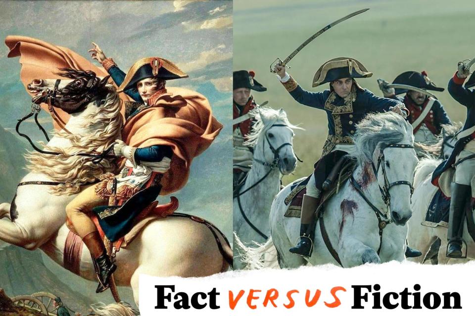 A painting of Napoleon next to a movie still of Joaquin Phoenix as Napoleon.