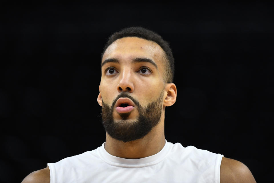 Rudy Gobert of the Utah Jazz warms up before Game 6 of the Western Conference First Round Playoffs against the Dallas Mavericks at Vivint Smart Home Arena on April 28, 2022 in Salt Lake City, Utah.