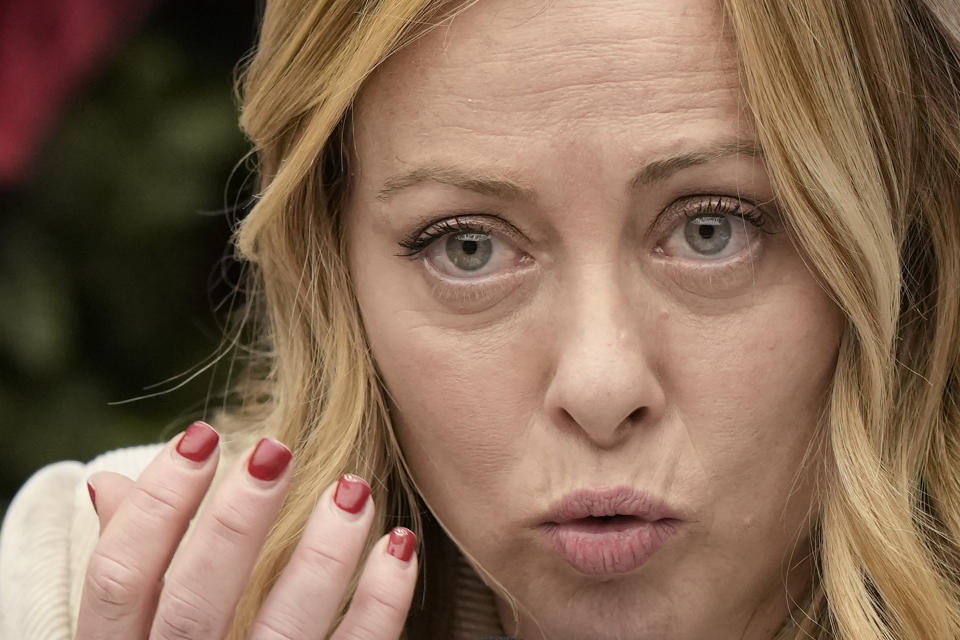 Italian Premier Giorgia Meloni answers journalists' questions during her year end press conference, in Rome, Thursday, Jan. 4, 2024. (AP Photo/Andrew Medichini)