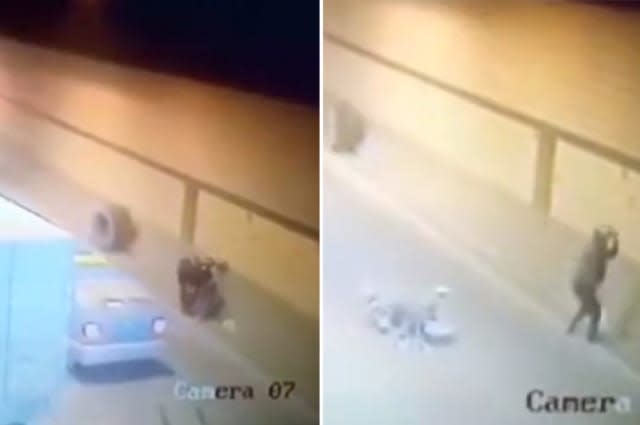 Runaway tyre hits unlucky scooter rider twice after falling from truck