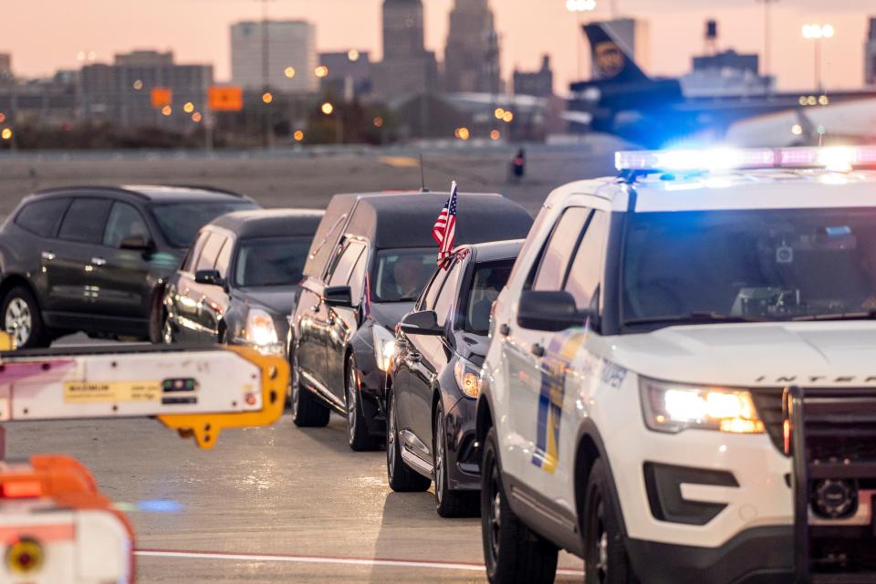 The remains of Lt. John Heffernan, a WW2 US bomber navigator who was shot down in Burma in 1944, arrive at Newark Liberty Airport on Tuesday November 15, 2022. Members of the Honor Guard, State Troopers, Port Authority Police and Patriot Guard Riders attend to honor Heffernan.