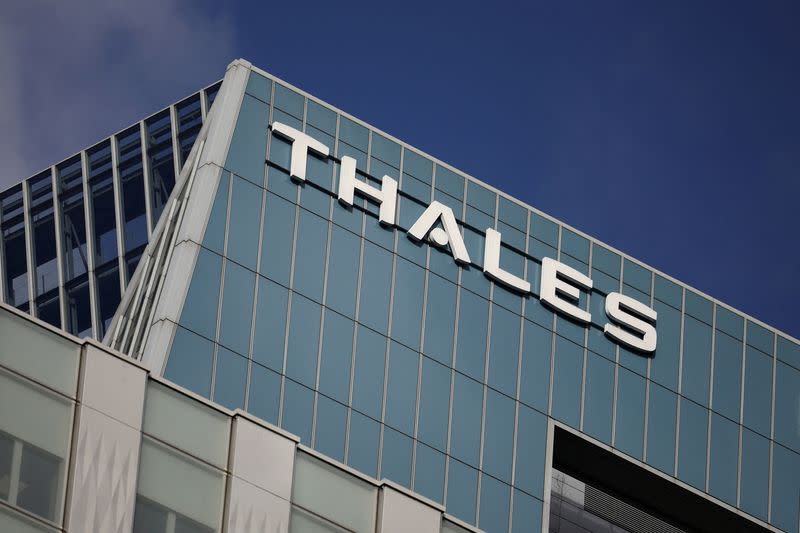 FILE PHOTO: The logo of French defence and electronics group Thales is seen in La Defense business district near Paris