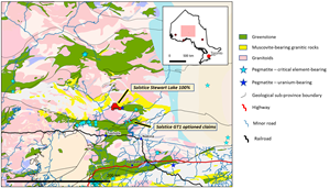 Location of the SLP project claims. Geological units from Ontario Geological Survey 2011. 1:250 000 scale bedrock geology of Ontario; Ontario Geological Survey, Miscellaneous Release—Data 126–Revision 1. Mineral occurrences from MNDM MDI mineral occurrence data