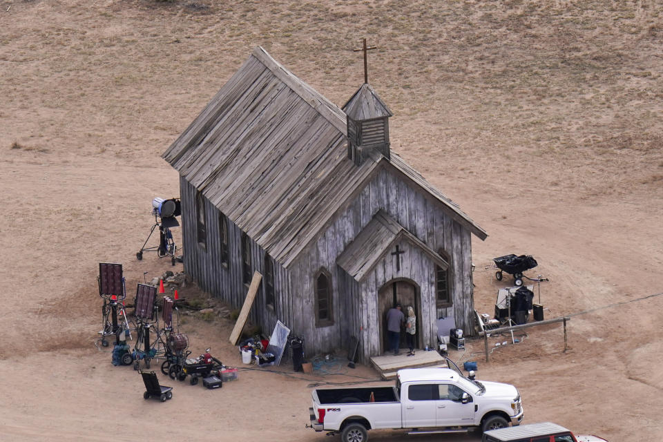 This aerial photo shows a film set at the Bonanza Creek Ranch in Santa Fe, N.M., Saturday, Oct. 23, 2021. Actor Alec Baldwin fired a prop gun on the set of a Western being filmed at the ranch on Thursday, Oct. 21, killing the cinematographer, officials said. (AP Photo/Jae C. Hong)