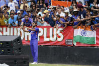 India's Arshdeep Singh poses for a photo with fans after the fifth and final T20 cricket match against the West Indies, Sunday, Aug. 7, 2022, in Lauderhill, Fla. India won the match and the series. (AP Photo/Lynne Sladky)