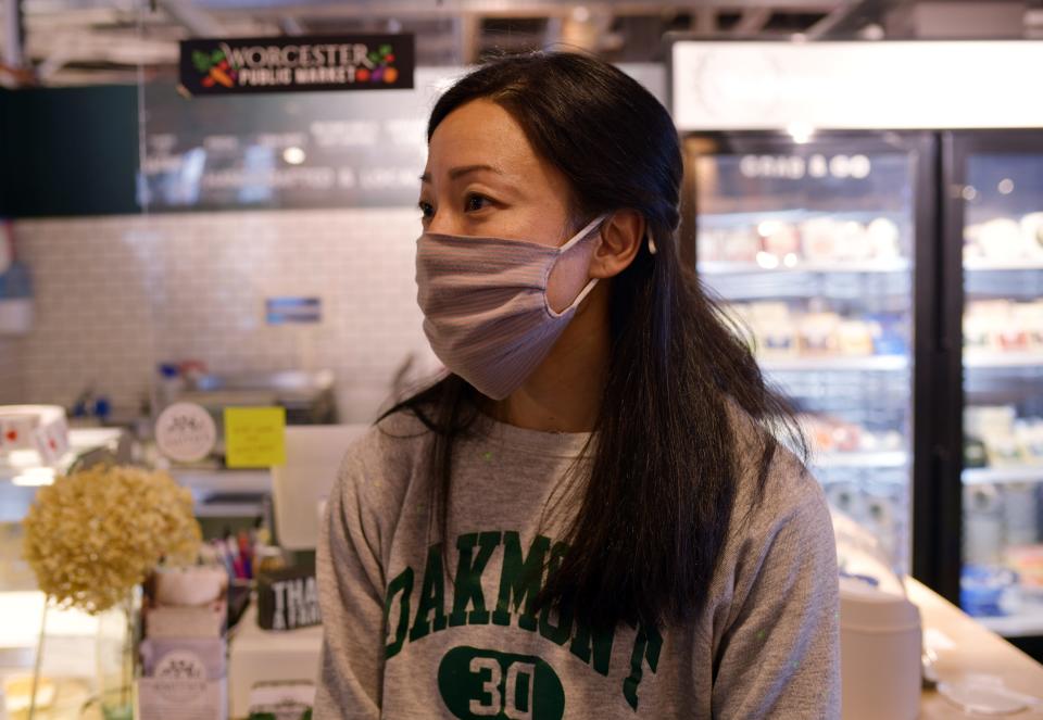 Leah Catlin, co-owner of Smith's Country Cheese at the Worcester Public Market, said they usually see customers who are masked and she has masks available for any who are not.